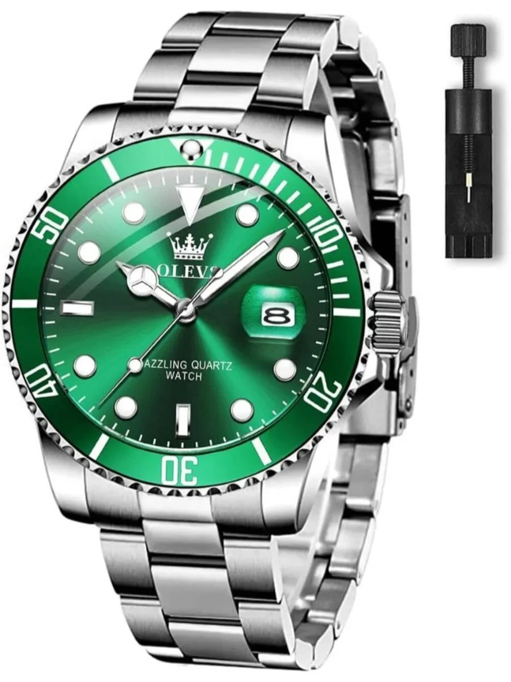 Men's Green Premium Silver Stainless Analog Rotatable Bezel Date Steel Watch